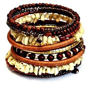 Multi Neutral Colored Beaded Boho Coil Bracelet